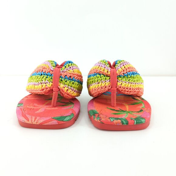 FARM RIO Women 6 Toucans Crochet Puffly Flip Flop Sandals Orange Pink Rainbow - Picture 4 of 8